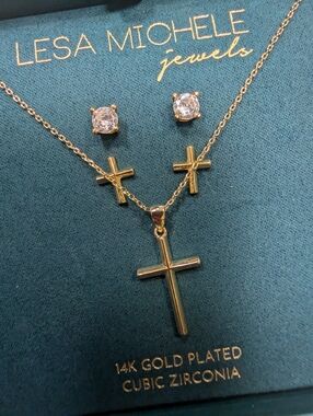 Lesa Michele Gold Cross Necklace Set + 2 Earrings CZ & Cross NWT